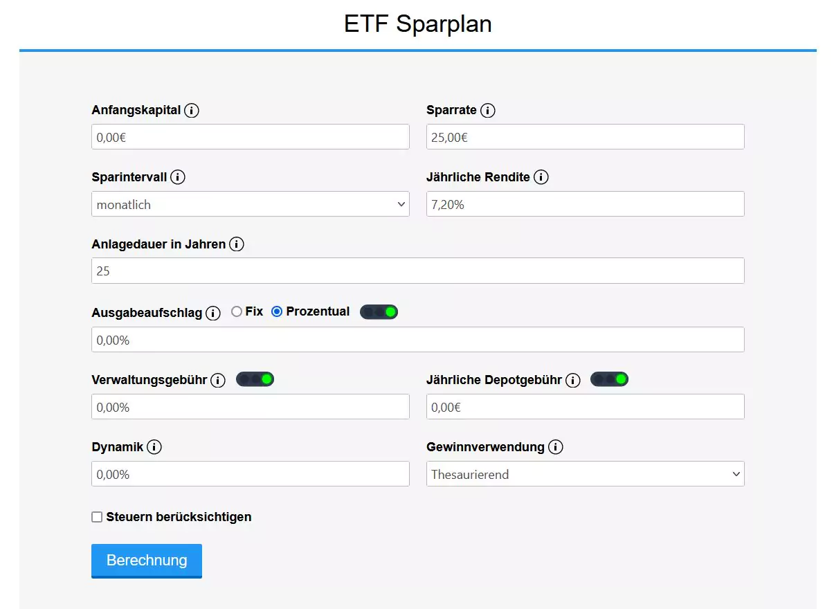 Ausfüllen des MSCI World Rechners für die monatliche Geldanlage in ETF Sparpläne